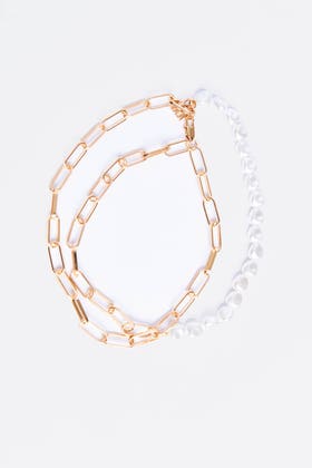 Gold Half Pearl Long Link Chain Necklace