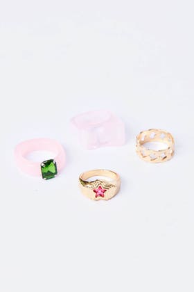 Pink 4Pc Acyrlic And Gold Gem Ring Set