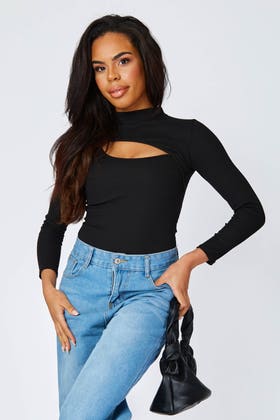 Black Ribbed High Neck Cut Out Bodysuit