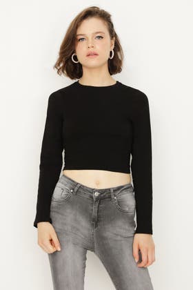 BLACK BASIC FITTED CROP LONG SLEEVE