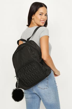 Black Nylon Pom Backpack