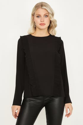 BLACK PLEATED FRILL BLOUSE