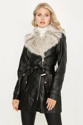 Black Pu Fur Collar Trench Coat