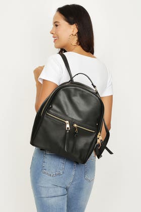 Black Pu Zip Detail Backpack