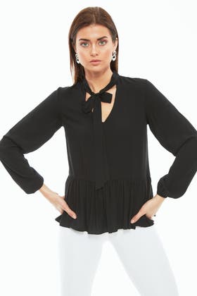 Black Pussy Bow Tiered Blouse