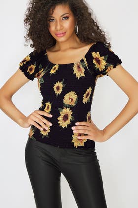 Black Sunflower Shirred Top