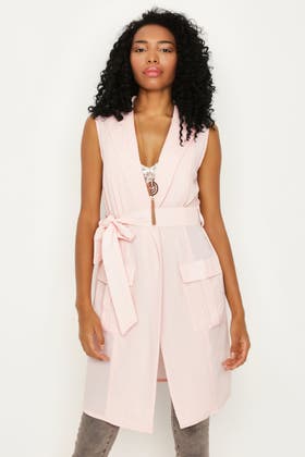 CHALK PINK SLEEVELESS LONGLINE CREPE BELTED DUSTER