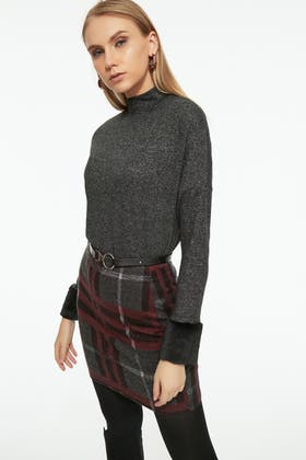 Charcoal Brushed Fur Cuff High Neck Top