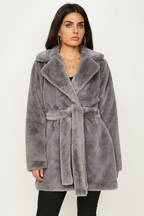 CHARCOAL PLUSH TEDDY LONG BELTED COAT