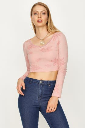 DUSTY PINK FLORAL RIB LACE TRIM V NECK LONG SLEEVE  CROP