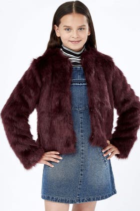 Girls Plum Crop Fur Jacket