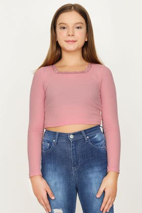 GIRLS ROSE PINK LACE TRIM SQUARE NECK LONG SLEEVE T-SHIRT