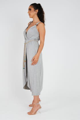 Grey Strappy Midi Dress With Tie Detail