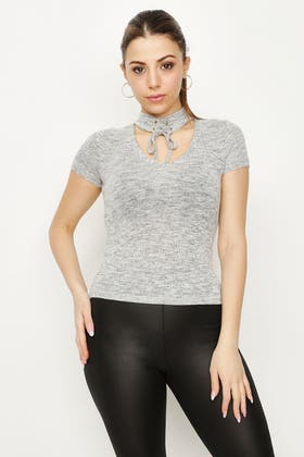 GREY TIE UP CHOKER CUT AND SEW TOP