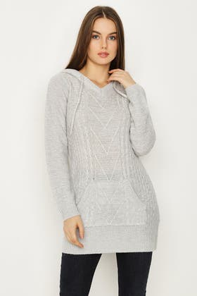 Grey Twist Cable Detail Hooded Tunic