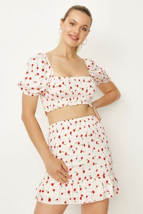 IVORY FLORAL PRINTED SHIRRED CO'ORD TOP