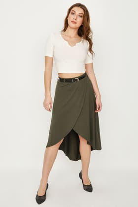 Khaki Diphem Belted Midaxi Skirt