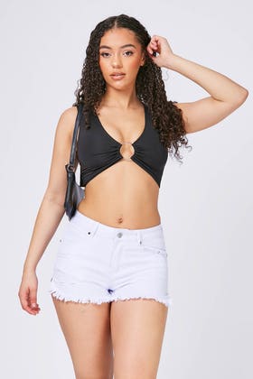 BLACK Camo crop top with ring detail 