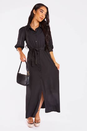 Black Black Maxi Button Up Dress With Puff Sleeve