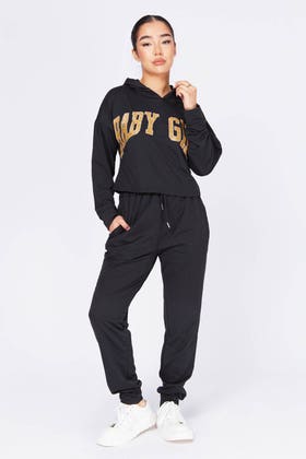 BLACK Baby Girl Cropped Hoddie And Jogger Set 