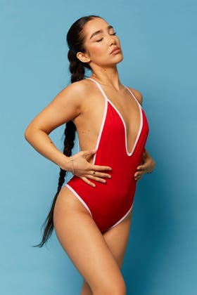 RED Backless Swimsuit With White Trim