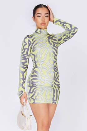NEON YELLOW Printed high neck mini dress with finger holes