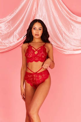 Wine Lace Strappy Triangle Bra And Knickers Set