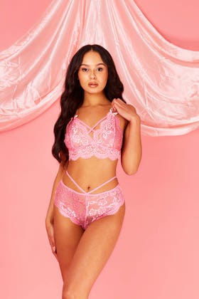 Pink Lace Strappy Triangle Bra And Knickers Set