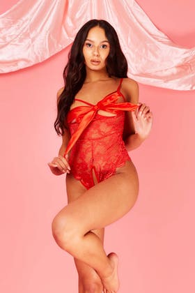 Red Lace Ribbon Cup Crotchless Bodysuit