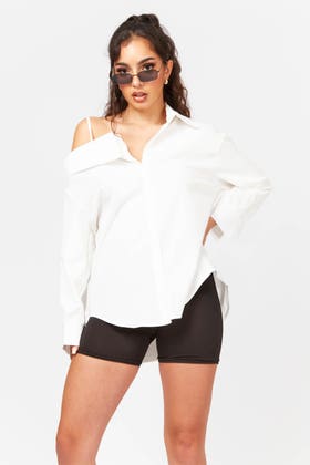WHITE White off the shoulder one strap button up shirt 