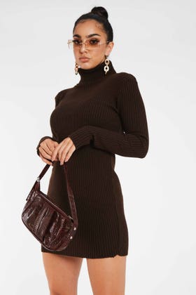 Brown Knitted Polo Mini Dress
