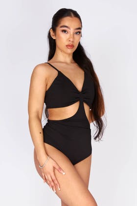 Black Ribbed Extreme Cut Out Bodysuit