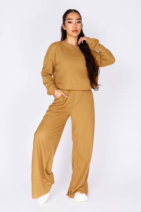 Camel Waffle Sweater And Wide Leg Trouser Set