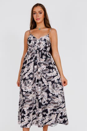 Mono Print Floral Maxi Dress