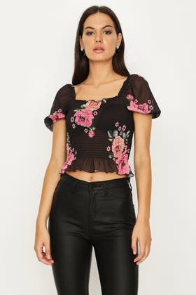 Multi Floral Mesh Shirred Puff Sleeve Top