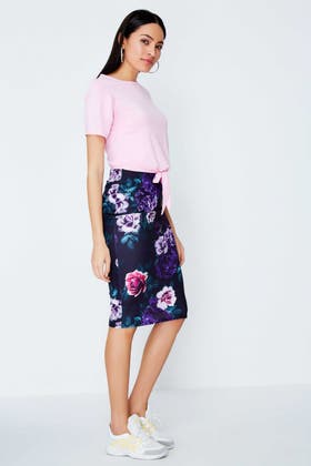 Multi Floral Scuba Crepe Midi Skirt