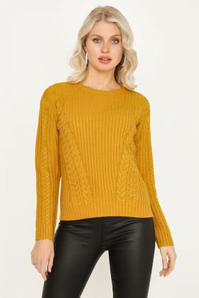 Mustard Cable & Rib Jumper With Lace Up Front