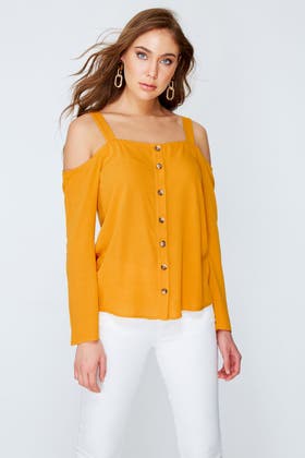 MUSTARD CRINKLE COLD SHOULDER BUTTON THROUGH BLOUSE