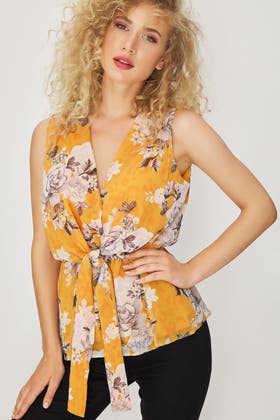 MUSTARD FLORAL CHIFFON TIE FRONT WRAP BLOUSE