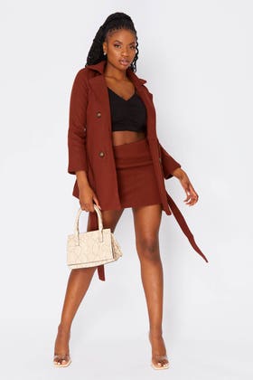 BROWN Faux wool swing coat and mini skirt co-ord