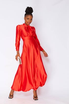 RED Satin maxi dress with neck tie 
