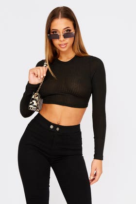 Black Ribbed Lace Up Back Crop Top