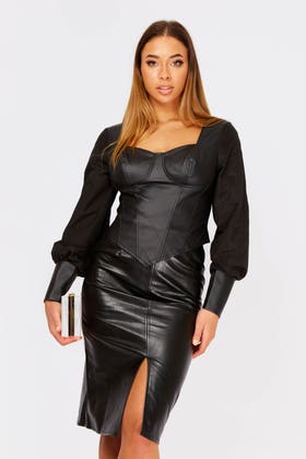 BLACK Faux leather contrast sleeve bustier top