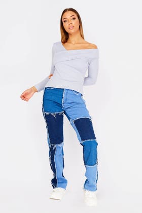 Denim Colour Block Patchwork Raw Edge Straight Leg Jeans