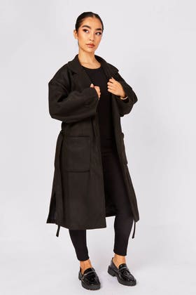 BLACK Longline patch pocket belted coat