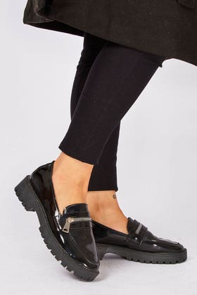 Black Pu Zip Detail Chunky Loafers