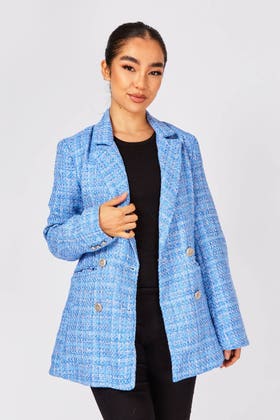 Blue Boucle Double Breasted Blazer
