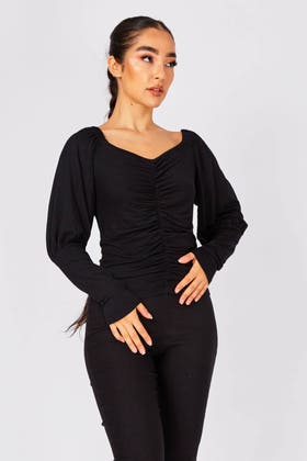 Black Ruched Front Puff Sleeve Top