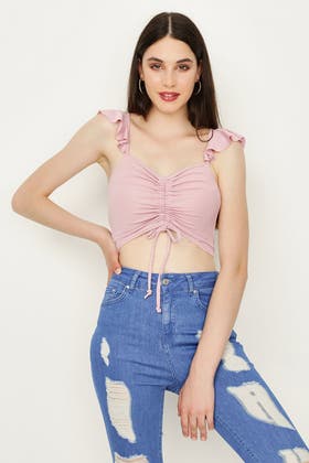 ORCHID RUFFLE SHOULDER RUCHED FRONT CROP TOP