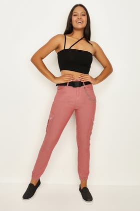 Pink Chain Cargo Trouser With Belt